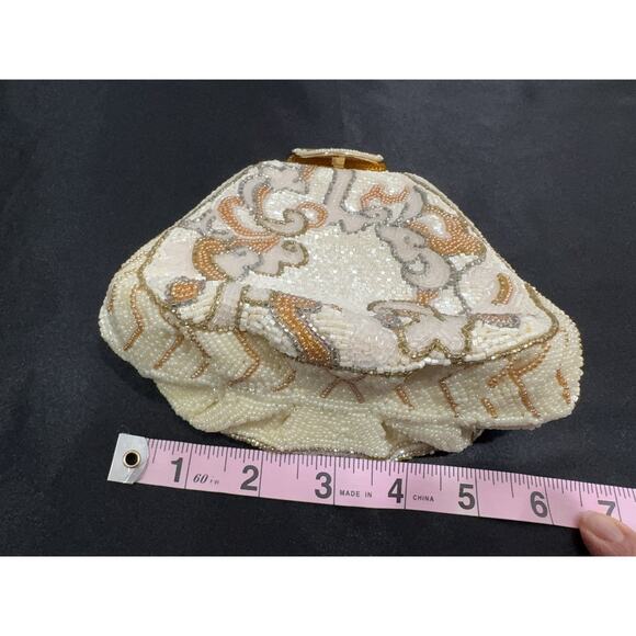 Vintage Art Deco Glass Beaded Purse Evening Clutch 1950s Delill Gold Frame Cream - Picture 12 of 12